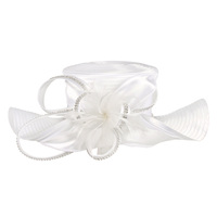 Large Wavy Brim Satin Braid Hat With Stone Trimmed Ribbon And Feathers Htb1339Wh