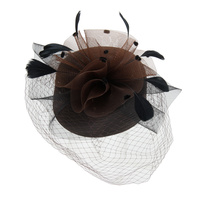 BRAID PILL HAT W MESH VEIL AND FEATHERS