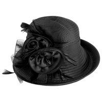 SMALL BRIM CHURCH BRAID HAT WITH DOUBLE FLOWERS, FEATHER  AND MESH BOW