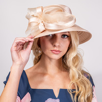 DRESSY DOWN BRIM FLORAL RIBBON BRAID HAT WITH FEATHER ACCENT
