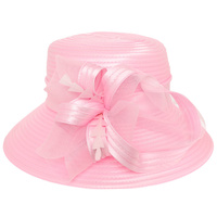 DRESSY DOWN BRIM FLORAL RIBBON BRAID HAT WITH FEATHER ACCENT