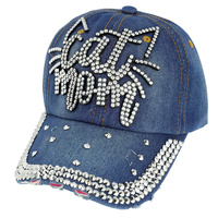 CAT MOM WITH CAT RHINESTONE DISTRESSED DENIM FASHION BASEBALL CAP