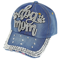 DOG MOM WITH DOG PAW RHINESTONE DISTRESSED DENIM FASHION BASEBALL CAP