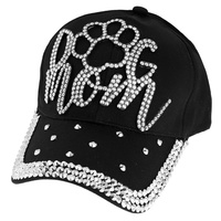 DOG MOM WITH DOG PAW RHINESTONE DISTRESSED DENIM FASHION BASEBALL CAP