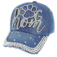 DOG MOM WITH DOG PAW RHINESTONE DISTRESSED DENIM FASHION BASEBALL CAP