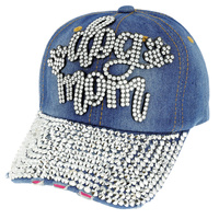 DOG MOM WITH DOG PAW RHINESTONE DISTRESSED DENIM FASHION BASEBALL CAP