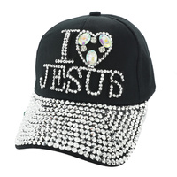 "I LOVE JESUS" CRYSTAL RHINESTONE DISTRESSED DENIM JEWELED BASEBALL CAP