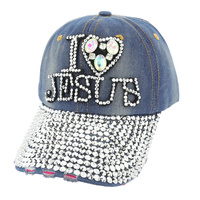 "I LOVE JESUS" CRYSTAL RHINESTONE DISTRESSED DENIM JEWELED BASEBALL CAP