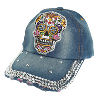 COLORFUL SUGAR SKULL DISTRESSED DENIM BASEBALL CAP
