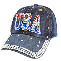 Patriotic Usa Patch With Full Stoned Bill On Distressed Denim Fashion Baseball Cap