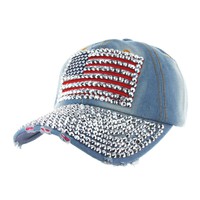 American Flag Patch With Full Stoned Bill On Distressed Denim Fashion Baseball Cap