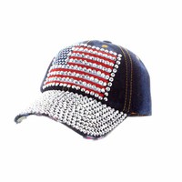 Flag Patch with Full Stoned Bill on Distressed Denim Fashion Baseball Cap