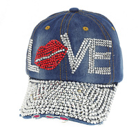 LOVE WITH LIP RHINESTONE DISTRESSED DENIM FASHION BASEBALL CAP
