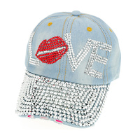 "Love" with Lip Stoned on Distressed Denim Fashion Baseball Cap