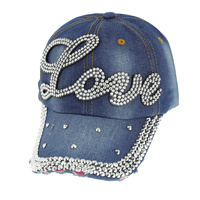 CURSIVE LOVE RHINESTONE DISTRESSED DENIM FASHION BASEBALL CAP