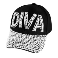 Diva With Gems And Full Stone Bill On Distressed Denim Fashion Baseball Cap Htc652Bk