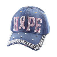 Hope With Pink Ribbon Studded In Stones On Black Denim Fashion Baseball Cap