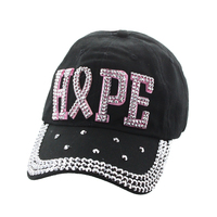 Hope With Pink Ribbon Studded In Stones On Black Denim Fashion Baseball Cap
