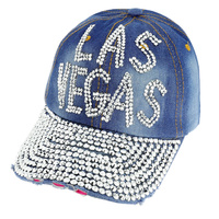 Stone Studded "LAS VEGAS" on Dark Denim Fashion Baseball Cap