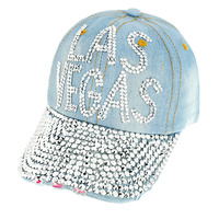 Stone Studded "LAS VEGAS" on Light Denim Fashion Baseball Cap