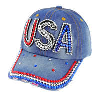 Patriotic USA in Stones on Distressed Denim Fashion Baseball Cap