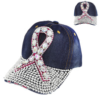 Breast Cancer Awareness Pink Ribbon in Stones on Fashion Baseball Cap