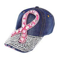 Breast Cancer Awareness Pink Ribbon in Stones on Fashion Baseball Cap
