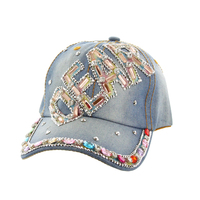 Dear In Pastel Multi Color Stones On Distress Denim Fashion Baseball Cap Htc704