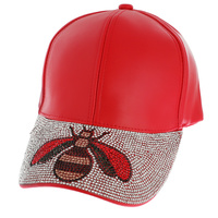 BOSS STRIPED JEWELED GRAPHIC CRYSTAL RHINESTONE FAUX LEATHER BASEBALL CAP