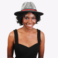 FASHION BLING RHINESTONE STUDDED WIDE BRIM FELT FEDORA HAT WITH RED GREEN STRIPE