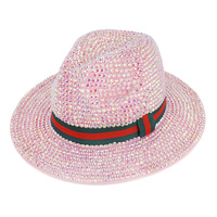 FASHION BLING RHINESTONE STUDDED WIDE BRIM FELT FEDORA HAT WITH RED GREEN STRIPE