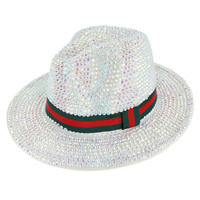 FASHION BLING RHINESTONE STUDDED WIDE BRIM FELT FEDORA HAT WITH RED GREEN STRIPE