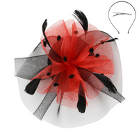 2 Tone Ruffle Mesh with Dots and Feathers Hair Clip and Headband Dual Function Fascinator