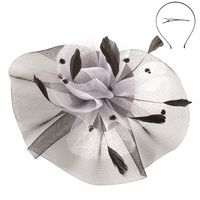 2 Tone Ruffle Mesh with Dots and Feathers Hair Clip and Headband Dual Function Fascinator
