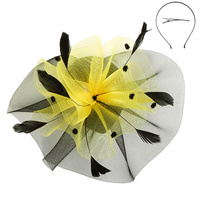 2 Tone Ruffle Mesh with Dots and Feathers Hair Clip and Headband Dual Function Fascinator