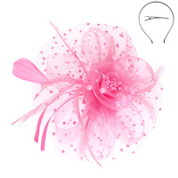 MESH FLORAL FEATHER W/ DOTTED RUFFL  DETACHABLE HEADBAND INCLUDES HEADBAND AND CLIP