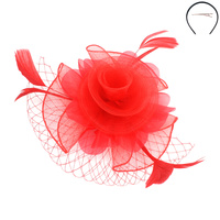 SMALL ROSE MESH FEATHER FASCINATOR  DETACHABLE HEADBAND INCLUDES HEADBAND AND CLIP