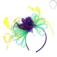 2-PIECE MARDI GRAS FLORAL MESH RIBBON FASCINATOR