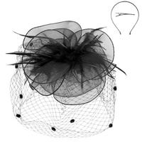 FEATHER MESH NET FASCINATOR PARTY HEADPIECE WITH HEADBAND AND CLIP