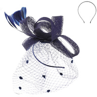 KENTUCKY DERBY SOUTHERN STYLE SPOTTED VEILED LARGE BOW FEATHERED HEADBAND FASCINATOR