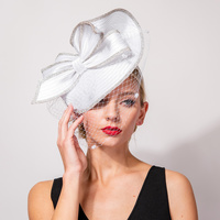 RIBBON POLKA DOT MESH CRYSTAL RHINESTONE PAVE TRIM FASCINATOR WITH HEADBAND