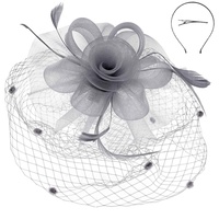 FEATHER RIBBON FLORAL POLKA DOT MESH NETTING VEIL FASCINATOR WITH HEADBAND AND CLIP