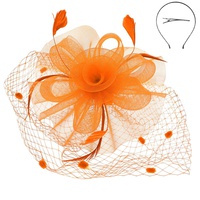FEATHER RIBBON FLORAL POLKA DOT MESH NETTING VEIL FASCINATOR WITH HEADBAND AND CLIP