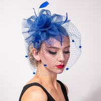 FEATHER RIBBON FLORAL POLKA DOT MESH NETTING VEIL FASCINATOR WITH HEADBAND AND CLIP