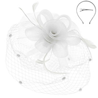 FEATHER RIBBON FLORAL POLKA DOT MESH NETTING VEIL FASCINATOR WITH HEADBAND AND CLIP