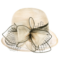 KENTUCKY DERBY SOUTHERN STYLE  BELTED CONTRAST TRIM RIBBON NETTED ORGANZA CLOCHE HAT