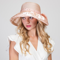 WIDE BRIM POLKA DOT PLEATED RAFFIA BUCKET HAT