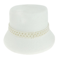 PAPER BRAID BUCKET HAT WITH PEARL STRIP