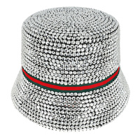 FASHION BLING RHINESTONE STUDDED PAPER BRAID BUCKET HAT WITH RED GREEN STRIPE