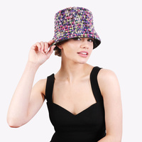 FASHION BLING PEARL AND RHINESTONE STUDDED PAPER BRAID BUCKET HAT